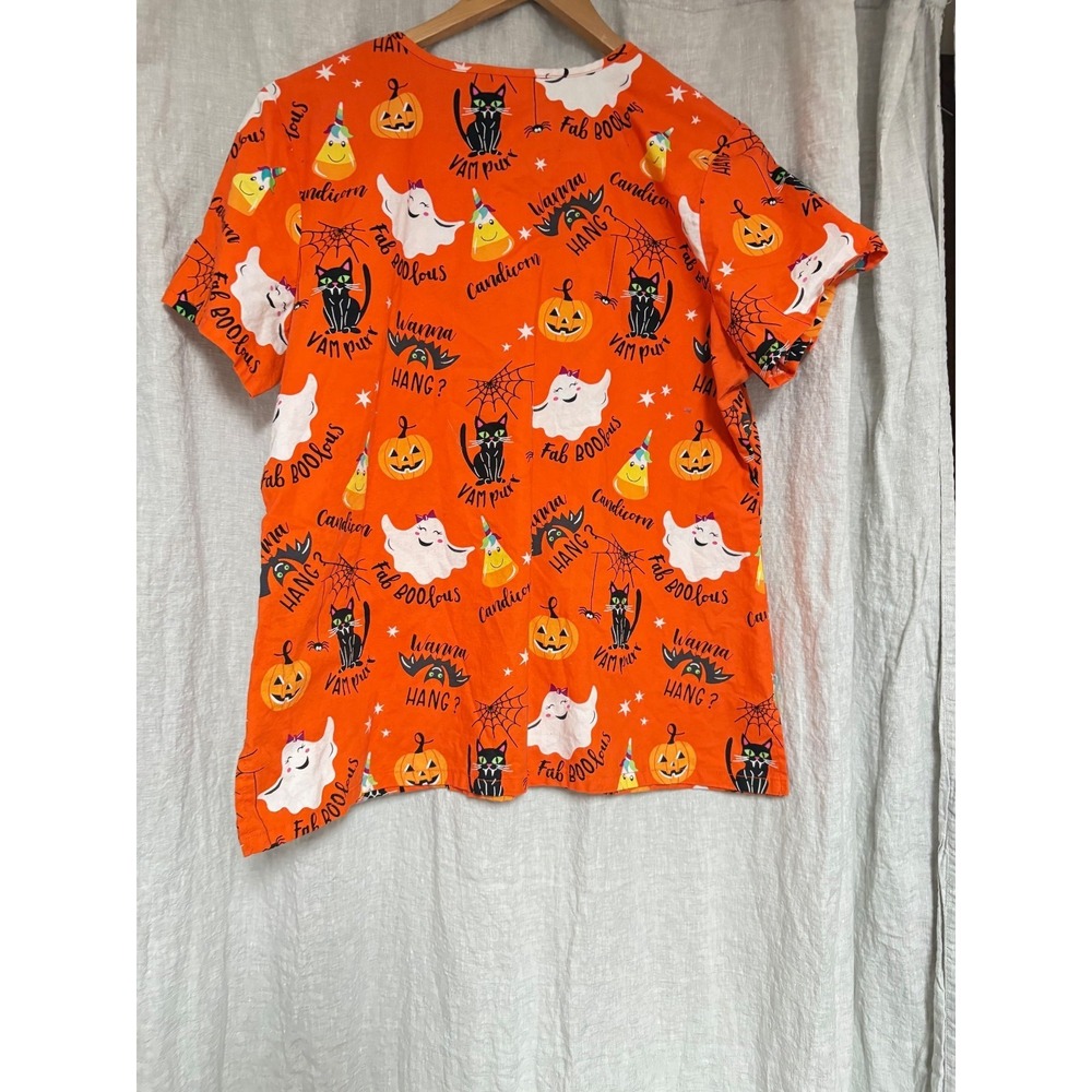 ScrubStar Halloween Scrub Top Large Orange Cats Ghosts Pumpkin Nurse V Neck - Picture 4 of 8